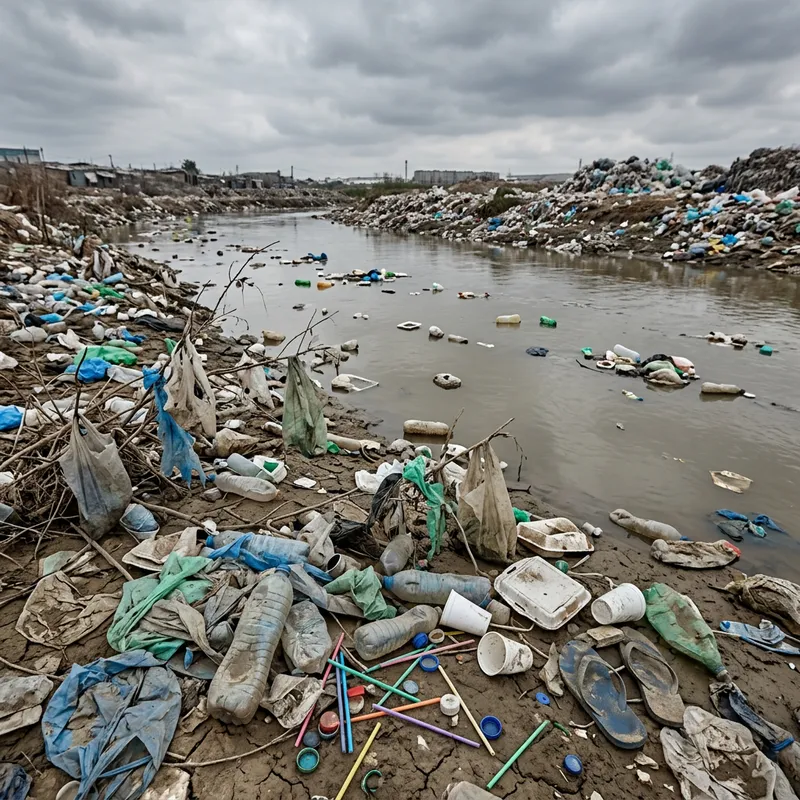 Plastic waste polluting a riverbank